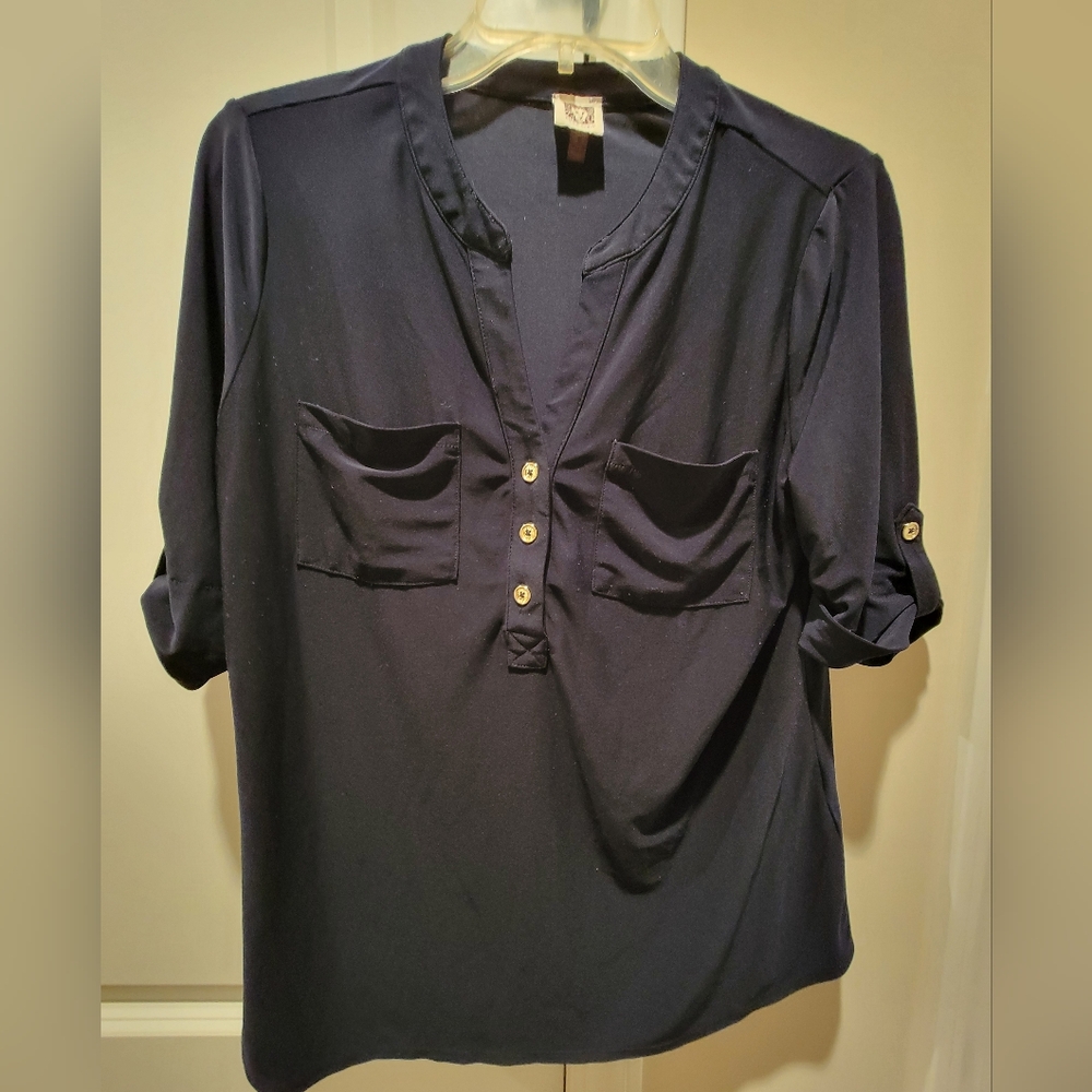 Anne Klein Midnight Blue Blouse with Gold Button Accents